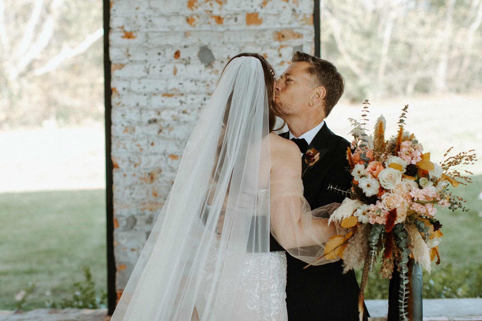 First look with father at Providence Cotton Mill Wedding