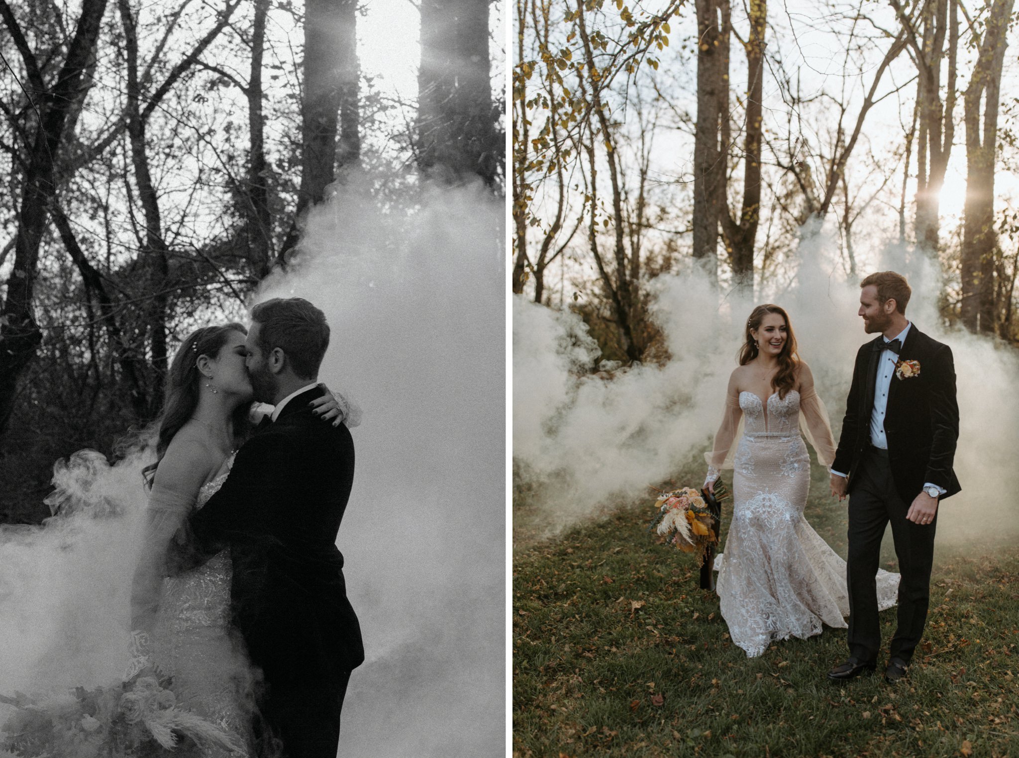 smoke bomb halloween wedding photos