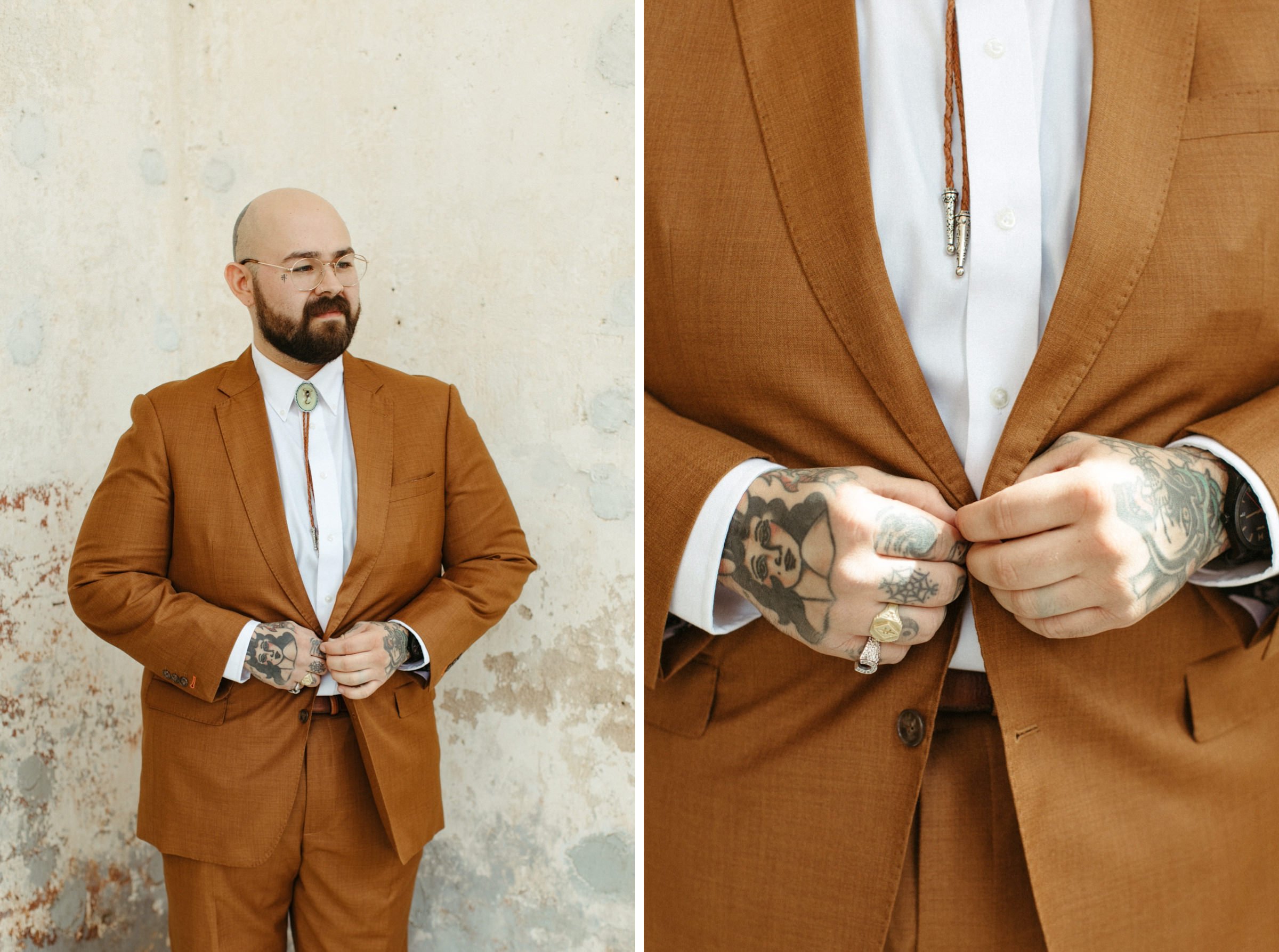 brown suit wedding
