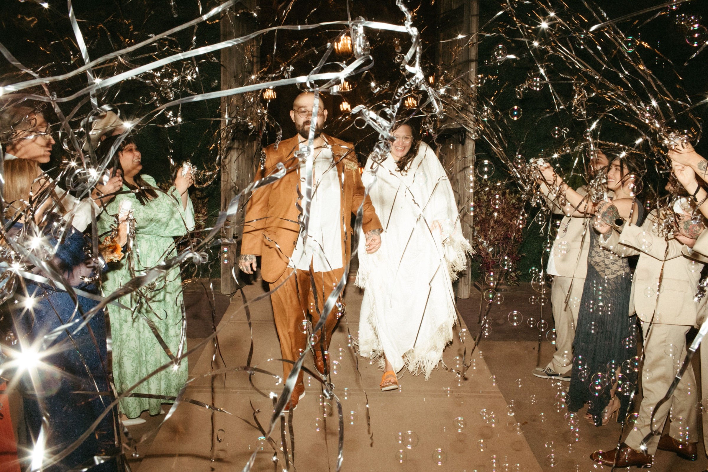 silver streamers wedding exit