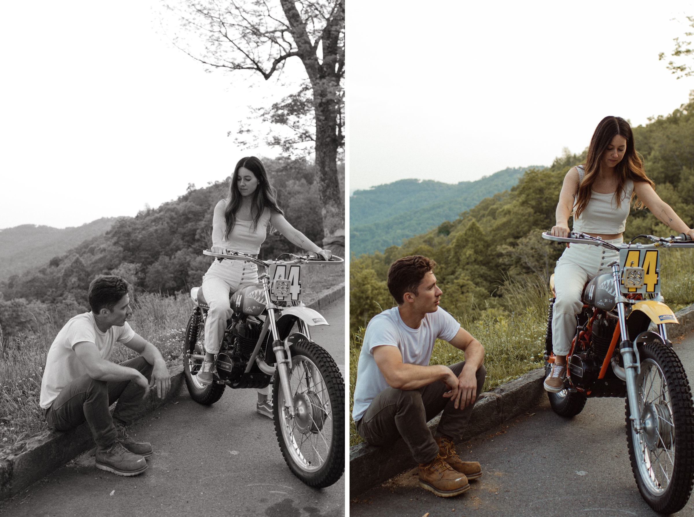 motorcycle engagement photos in the mountains