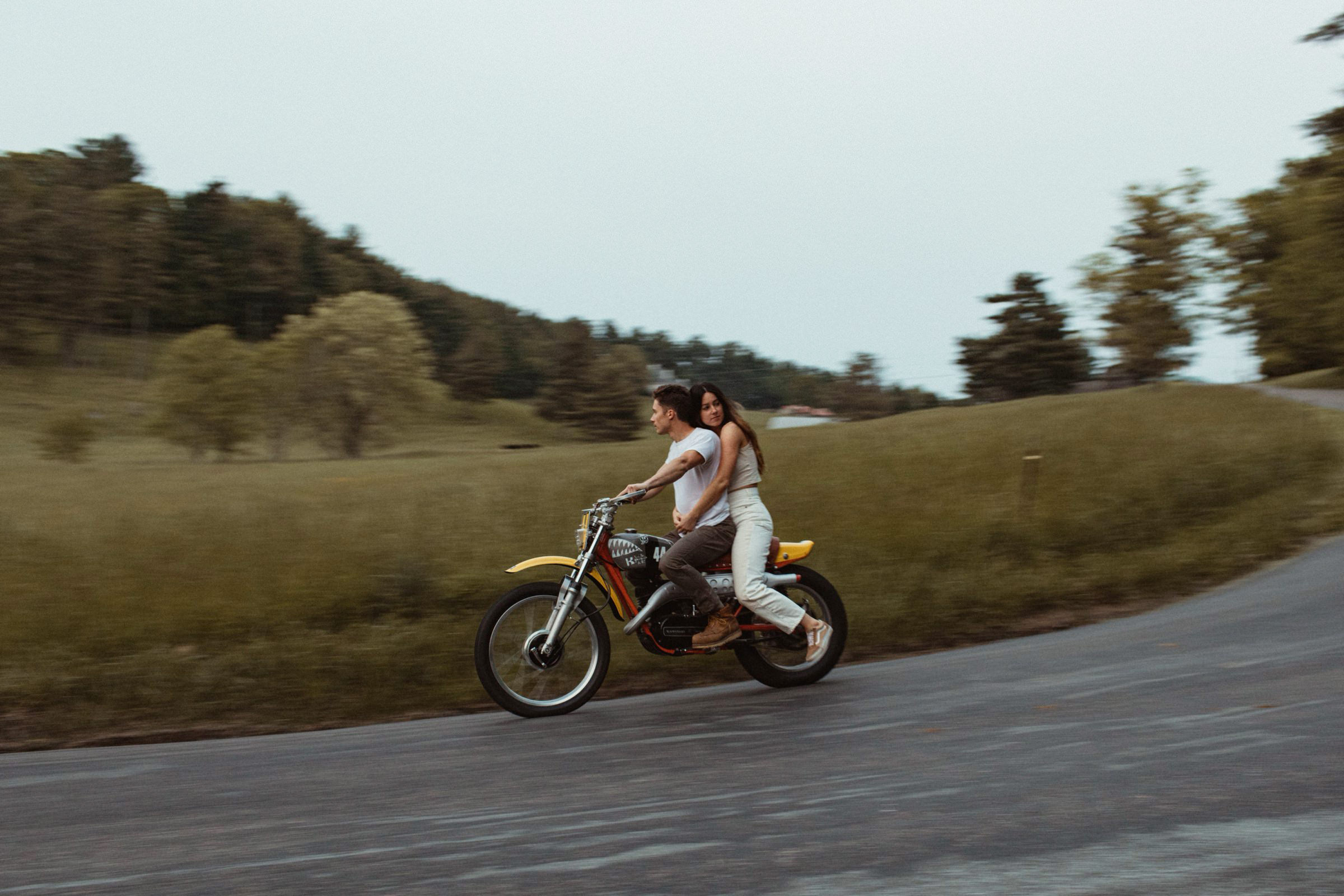 mountain engagement shoot with motorcycle