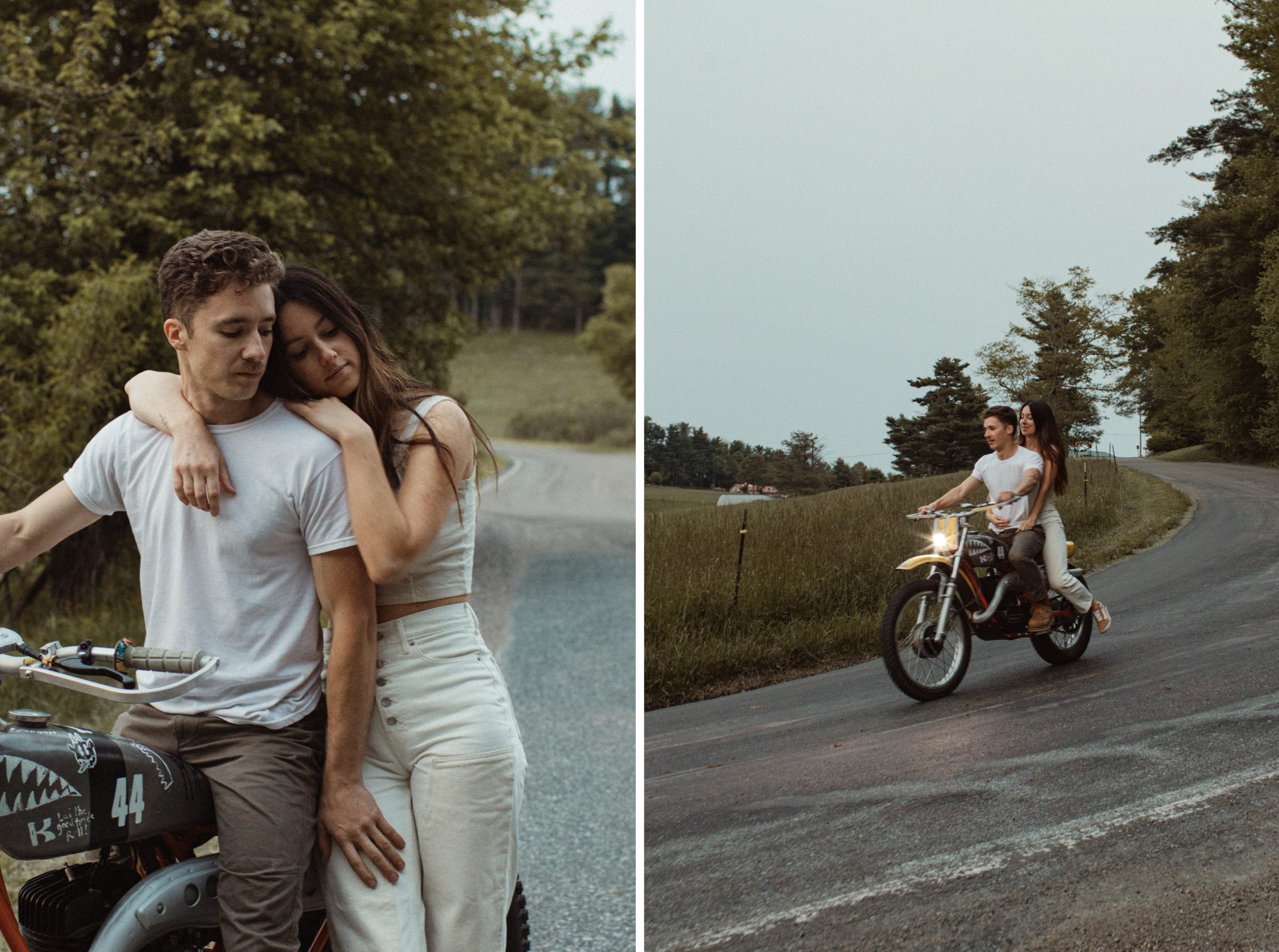 blue ridge parkway engagement shoot with motorcycle
